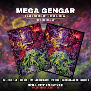 Pode incluir: Conjunto de 9 cartas para arquivador e expositor 8x10 Mega Gengar, ficheiro digital TCG extended art. A obra apresenta uma paisagem cósmica escura e rodopiante com padrões de energia vibrantes em roxo, vermelho e verde néon, com um Gengar.