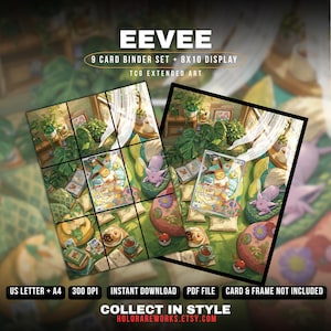 Puede incluir: Un set de archivador para 9 cartas Eevee y expositor 8x10 con arte extendido TCG. La ilustración digital muestra una habitación acogedora con plantas, cojines y un Espeon durmiendo. El texto incluye EEVEE, 9 CARD BINDER SET + 8X10 DISPLAY, TCG EXTENDED ART, US LETTER + A4, 300 DPI, INSTANT DOWNLOAD, PDF FILE, CARD & FRAME NOT INCLUDED, COLLECT IN STYLE, Y HOLORAREWORKS.ETSY.COM.