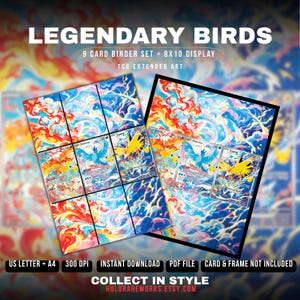 Może przedstawiać: Cyfrowy zestaw wydruków zatytułowany LEGENDARY BIRDS 9 CARD BINDER SET + 8X10 DISPLAY TCG EXTENDED ART. Obraz przedstawia siatkę dziewięciu kart oraz większy wyświetlacz z postaciami Moltres, Articuno i Zapdos na tle ognistych i lodowoniebieskich chmur.