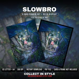 Könnte beinhalten: Ein Slowbro 9-Karten-Binder-Set und 8x10 Display TCG Extended Art Digitaldatei. Das Bild zeigt ein rosa Wesen in einer Steingasse mit grünen Ranken und leuchtenden Laternen. Text umfasst SLOWBRO, 9 CARD BINDER SET + 8X10 DISPLAY, TCG EXTENDED ART, US LETTER + A4, 300 DPI, INSTANT DOWNLOAD, PDF FILE, CARD & FRAME NOT INCLUDED, COLLECT IN STYLE und HOLORAREWORKS.ETSY.COM.