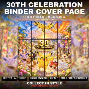 Puede incluir: Una página de portada de carpeta 30th Celebration con una cuadrícula de 12 cartas para arte extendido TCG. La colorida ilustración incluye a Pikachu, Eevee, Mewtwo y otras criaturas en un entorno festivo con el texto 30th Celebration.