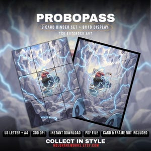 Könnte beinhalten: Ein Probopass 9-Karten-Binder-Set und 8x10-Display mit TCG-Extended-Art. Das Bild zeigt ein Raster aus neun Karten und einen großen Display-Druck, die beide eine felsige Landschaft mit blauen Blitzen und die Figur Probopass darstellen.