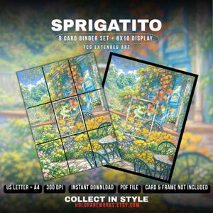 Könnte beinhalten: Ein Sprigatito 9-Karten-Binder-Set und 8x10-Display-Digitaldatei. Das Bild zeigt einen Garten mit orangefarbenen Blumen, blauen Möbeln und einer grünen Figur. Text: SPRIGATITO, 9 CARD BINDER SET + 8X10 DISPLAY, TCG EXTENDED ART, US LETTER + A4, 300 DPI, INSTANT DOWNLOAD, PDF FILE, CARD & FRAME NOT INCLUDED, COLLECT IN STYLE, HOLORAREWORKS.ETSY.COM.