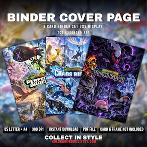 May include: A digital binder cover page set for a 9-card 3x3 display featuring TCG extended art. The graphics include three distinct panels titled Perfect Order, Chaos Rise, and Pitch Black, showcasing various creatures in vibrant, detailed scenes.