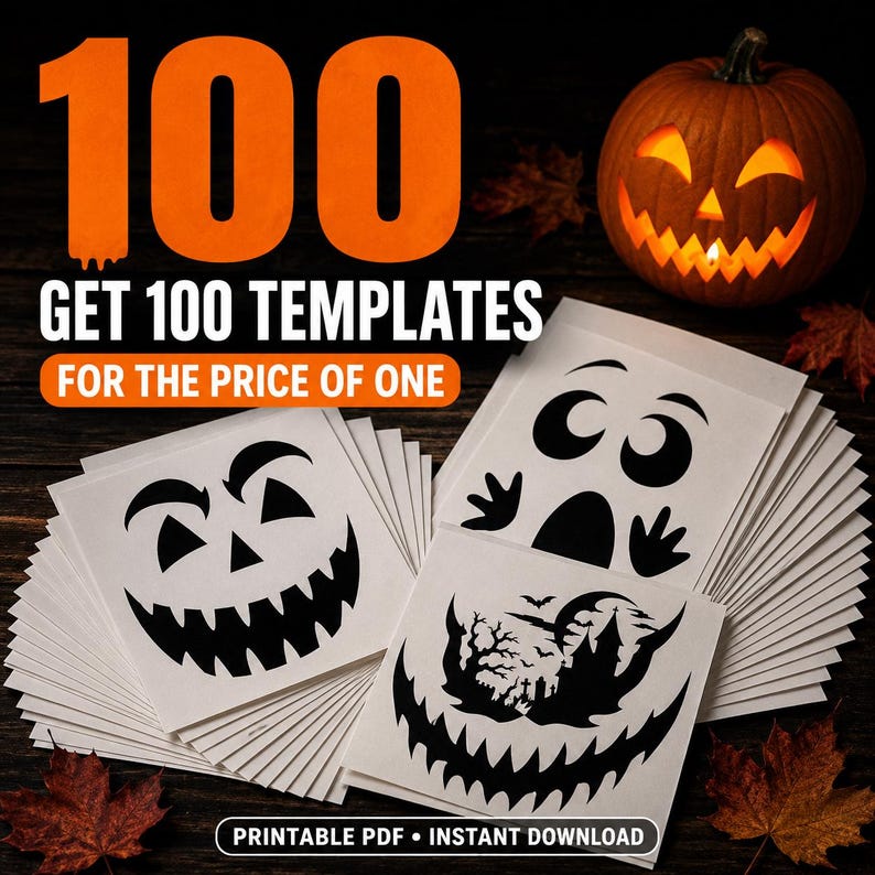 May include: A collection of white paper sheets featuring black printed Halloween designs for pumpkin carving, including jack-o'-lantern faces, ghosts, and haunted house scenes, with the text 100 GET 100 TEMPLATES FOR THE PRICE OF ONE PRINTABLE PDF INSTANT DOWNLOAD.