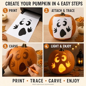 May include: A four-step instructional guide for pumpkin carving. Step 1 shows a printed ghost face template. Step 2 shows the template taped to an orange pumpkin. Step 3 shows a hand carving the pumpkin. Step 4 shows the finished, glowing jack-o'-lantern.