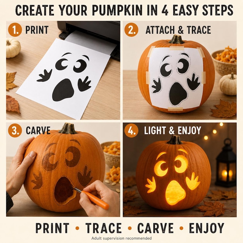 May include: A four-step instructional guide for pumpkin carving. Step 1 shows a printed ghost face template. Step 2 shows the template taped to an orange pumpkin. Step 3 shows a hand carving the pumpkin. Step 4 shows the finished, glowing jack-o'-lantern.