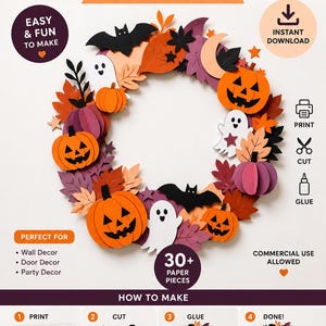 May include: A DIY paper craft Halloween wreath template featuring orange pumpkins, white ghosts, black bats, and autumn leaves. The digital file includes instructions for printing, cutting, and gluing over 30 paper pieces to create the finished wreath.