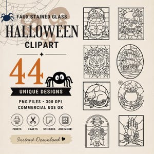 Peut inclure: Une collection numérique de 44 motifs de cliparts d'Halloween en faux vitrail avec des lignes noires. L'ensemble comprend des illustrations de crânes, citrouilles, navire, chat, chaudron et main, fournis en fichiers PNG à 300 DPI.