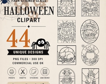 May include: A digital collection of 44 faux stained glass Halloween clipart designs in black line art. The set includes illustrations of skulls, pumpkins, a ship, a cat, a cauldron, and a hand, presented as PNG files with 300 DPI resolution.