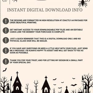 May include: A digital download information sheet featuring black spider web and spider illustrations at the top and a graveyard silhouette at the bottom. The text includes INSTANT DIGITAL DOWNLOAD INFO and five bullet points with exclamation icons.