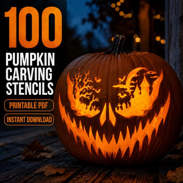 Könnte beinhalten: Ein geschnitzter orangefarbener Kürbis mit leuchtendem Inneren, der eine gruselige Szene mit einem Spukschloss, Bäumen und Fledermäusen zeigt. Der Text lautet 100 PUMPKIN CARVING STENCILS, PRINTABLE PDF und INSTANT DOWNLOAD in fetter Schrift.