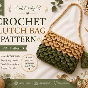 May include: A crochet clutch bag pattern PDF featuring text that reads Crochet Clutch Bag Pattern, SculpturebySK, and Instant Download. The bag is made with a tan and dark green scale-like stitch pattern, a matching strap, and a green tassel.
