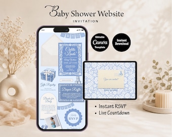 May include: A digital baby shower website invitation template displayed on a smartphone and tablet screen. The design features light blue floral patterns, text including Cielito Lindo, Diaper Raffle, and RSVP, with interactive buttons for a gift registry and countdown.