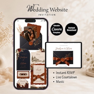 May include: A digital wedding website invitation template displayed on a smartphone and tablet screen. The design features dark charcoal envelopes, burnt orange accents, floral illustrations, and text reading Wedding Website Invitation.
