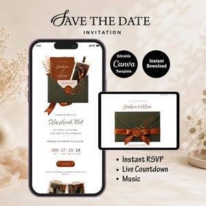 May include: A digital Save the Date invitation template displayed on a smartphone and tablet screen. The design features a dark green envelope with a wax seal, a rust-coloured ribbon, and text reading Jackson & Olivia, Silverbrook, CA, 26.10.2027.