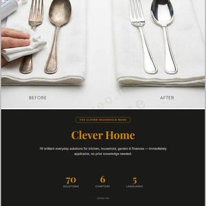 Op de afbeelding: Een vergelijking van dof en gepolijst bestek met een vork en lepel, gelabeld met BEFORE en AFTER. Daaronder toont een zwarte afbeelding de tekst THE CLEVER HOUSEHOLD BOOK, Clever Home, 70 brilliant everyday solutions, 6 chapters, 5 languages.
