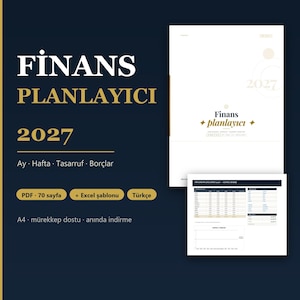 Könnte beinhalten: Eine digitale Finanzplaner-Vorlage für 2027 mit dunkelblauem Hintergrund und weißem sowie goldenem Text. Das Layout enthält ein Deckblatt mit dem Titel Finans Planlayıcı 2027 und eine Ansicht einer detaillierten Finanz-Tabellenkalkulation.