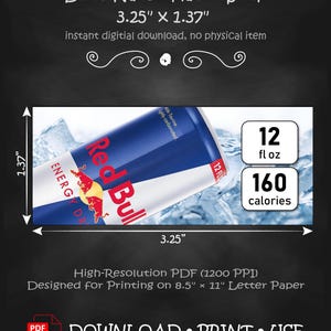 Op de afbeelding: Een digitale download voor een Dixie-Narco smaakstrip van 8,26 cm bij 3,48 cm. Het ontwerp toont een Red Bull energiedrankblikje tegen een ijsachtergrond, met tekstvakken die 12 fl oz en 160 calorieën aangeven voor het afdrukken.