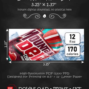 May include: A digital download of a Dixie-Narco flavor strip for a Mountain Dew Code Red soda can, measuring 3.25 inches by 1.37 inches. The graphic features a red can with condensation, a cherry, and text stating 12 fl oz and 170 calories.