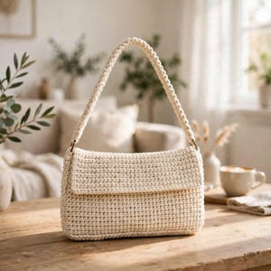 Può includere: Una borsa all'uncinetto color crema caratterizzata da un corpo rettangolare con patta ripiegabile e un unico tracolla intrecciata. La borsa è realizzata con un motivo a maglia denso e uniforme, fissato alla tracolla con anelli in metallo dorato.
