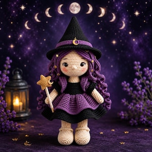 May include: A crocheted doll featuring long wavy purple hair, wearing a black pointed hat with a gold crescent moon charm, a black and purple dress, and holding a star-shaped wand. The doll has light skin, rosy cheeks, and dark eyes.