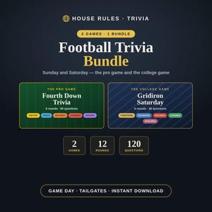 Pode incluir: Um pacote digital de trivia de futebol com dois jogos: Fourth Down Trivia e Gridiron Saturday. O gráfico mostra 120 perguntas no total divididas em 12 rodadas, com categorias como History, Rules, Records, Legends, Modern, Traditions e Rivalries.