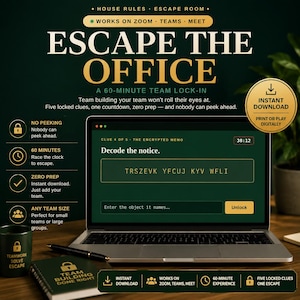 May include: A digital escape room game titled Escape The Office, featuring a 60-minute team lock-in experience. The screen displays a clue to decode a notice, while the surrounding text highlights features like instant download, zero prep, and compatibility with Zoom, Teams, and Meet.