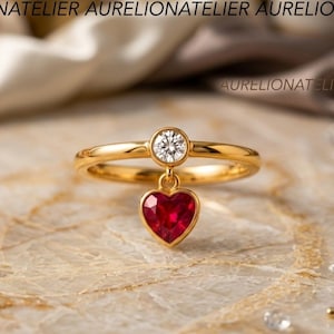 Ruby Heart Charm Ring Gold, Dangle Gemstone Ring, Delicate Bezel Round Lab Grown Diamond Band Romantic Promise Ring Anniversary Gift for Her