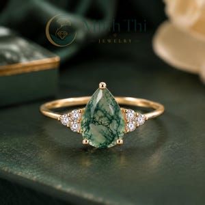 Moss Agate Ring, 14K Gold Plated 925 Sterling Silver Ring, Pear Shape Green Stone Ring, Gift for Her
