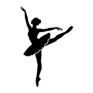 Peut inclure: Une silhouette noire unie représentant une danseuse de ballet dans une pose dynamique. La figure est capturée en plein mouvement, portant un tutu à bordure volantée, un bras levé vers le haut et une jambe étendue, en équilibre sur une pointe.