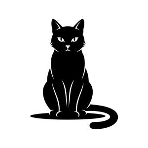 May include: A solid black cat silhouette graphic illustration featuring a seated feline with pointed ears, alert eyes, and a long tail curving to the right. The design uses sharp, clean lines to define the cat's form against a plain white background.