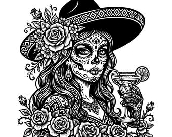 Sugar Skull Woman SVG, Day of the Dead PNG, Dia de Los Muertos DXF, Calavera Lady Cut File, Mexican Skull Clipart, Minimalist
