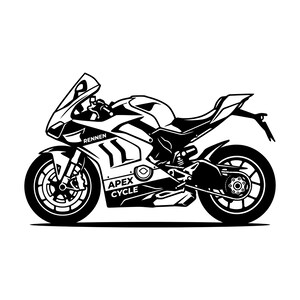 Peut inclure: Une illustration graphique en noir et blanc d'une moto de sport vue de profil. Le design présente le texte RENNEN et APEX CYCLE sur le carénage latéral. La moto possède un carénage complet, un pare-brise et des roues détaillées à rayons.