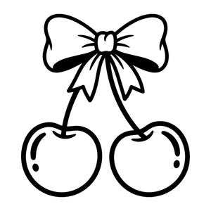 May include: A black and white line art illustration of two cherries connected by stems to a central bow. The cherries are round with small highlights on the sides, and the bow features detailed ribbon folds and tails, creating a clean graphic design.