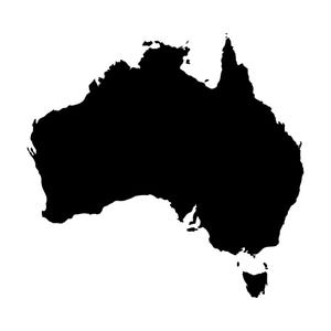 Könnte beinhalten: Eine einfarbige schwarze Silhouette des australischen Kontinents, einschließlich des Festlandes und der Insel Tasmanien, dargestellt als flache Form mit hohem Kontrast auf einem schlichten weißen Hintergrund, die die Küstengeografie zeigt.