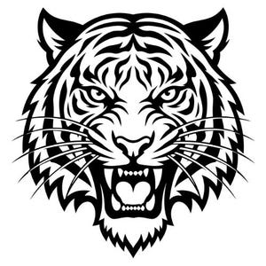 Op de afbeelding: Een contrastrijke zwart-wit grafische illustratie van een tijgerkop die naar voren kijkt. Het ontwerp bevat gedurfde, scherpe lijnen die de tijger afbeelden met een open bek, ontblote tanden, intense ogen en lange snorharen voor een woeste blik.