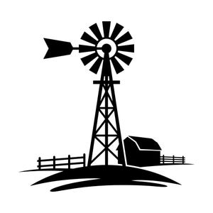 May include: A black silhouette graphic featuring a tall windmill with a multi-bladed wheel and a directional vane. The structure stands on a small hill next to a simple barn and a wooden fence that extends across the base of the landscape scene.