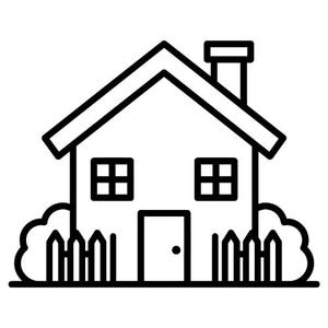May include: A black and white line art icon of a house with a gabled roof, a chimney, two square windows, and a central door. The structure is flanked by two rounded bushes and a picket fence, all rendered in a simple, bold, graphic style.