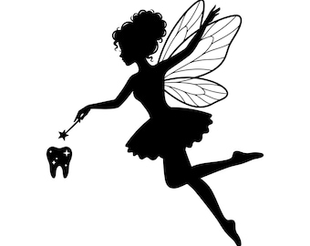 Clipart da Fada do Dente em preto e branco, SVG, EPS, para camisetas, download digital instantâneo, silhueta vetorial, Cricut, gravação a laser.