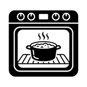 Op de afbeelding: Een zwart-wit icoon van een oven met een bedieningspaneel aan de bovenkant met vier knoppen en een centraal display. Binnenin de oven staat een pan met twee handvatten op een rooster, waarbij stoom uit de inhoud omhoog komt in een platte stijl.
