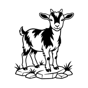 May include: A black and white graphic illustration of a young goat standing on a rocky surface with small patches of grass. The goat has distinct dark patches on its head and body, small horns, and is depicted in a clean, bold line art style.