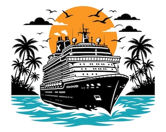 Cruise Ship SVG, Beach Vacation Clipart, Ship svg, Ocean Liner Svg, Tropical Vacation Boat with Palm Tree Scene, Ocean Summer Travel DXF EPS