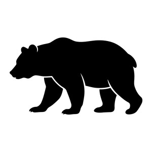 Puede incluir: Una silueta negra sólida de un oso mostrada de perfil, mirando hacia la izquierda. El gráfico representa al animal en una postura de caminar con las cuatro patas visibles, destacando la forma distintiva de la cabeza, las orejas y el lomo.