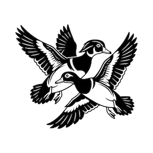 May include: A black and white graphic illustration of two wood ducks in flight. The ducks are depicted with high-contrast solid black and white areas, showing their wings spread wide, detailed feather patterns, and distinct head markings.