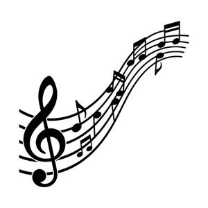 Pode incluir: Uma ilustração gráfica preta de uma clave de sol posicionada no início de uma pauta musical. As cinco linhas horizontais da pauta curvam-se para cima à direita, com várias notas musicais pretas dispostas ao longo das linhas fluidas.