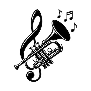 May include: A black and white graphic illustration featuring a trumpet positioned diagonally across a large treble clef symbol. Three musical notes are floating above the bell of the trumpet, completing this high-contrast musical design.