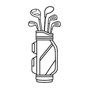 May include: A black and white line art illustration of a golf bag containing five golf clubs. The bag features a cylindrical body with two side pockets and a reinforced base, while the clubs show distinct head shapes and textured grip patterns.