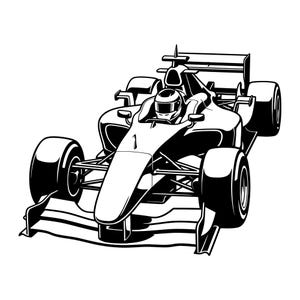 May include: A black and white graphic illustration of a Formula One race car viewed from a high angle. The vehicle features a prominent front wing, wide tires, a cockpit with a driver wearing a helmet, and a rear spoiler, rendered in high contrast.