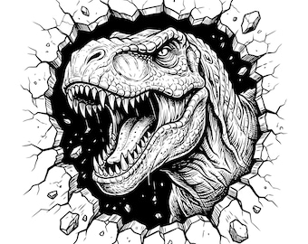 Roaring T-Rex Breaking Through Wall SVG, Dinosaur, Jurassic, T-Rex Clipart, Kids Art, Cut Files, SVG, PNG, Instant Download, Minimalist